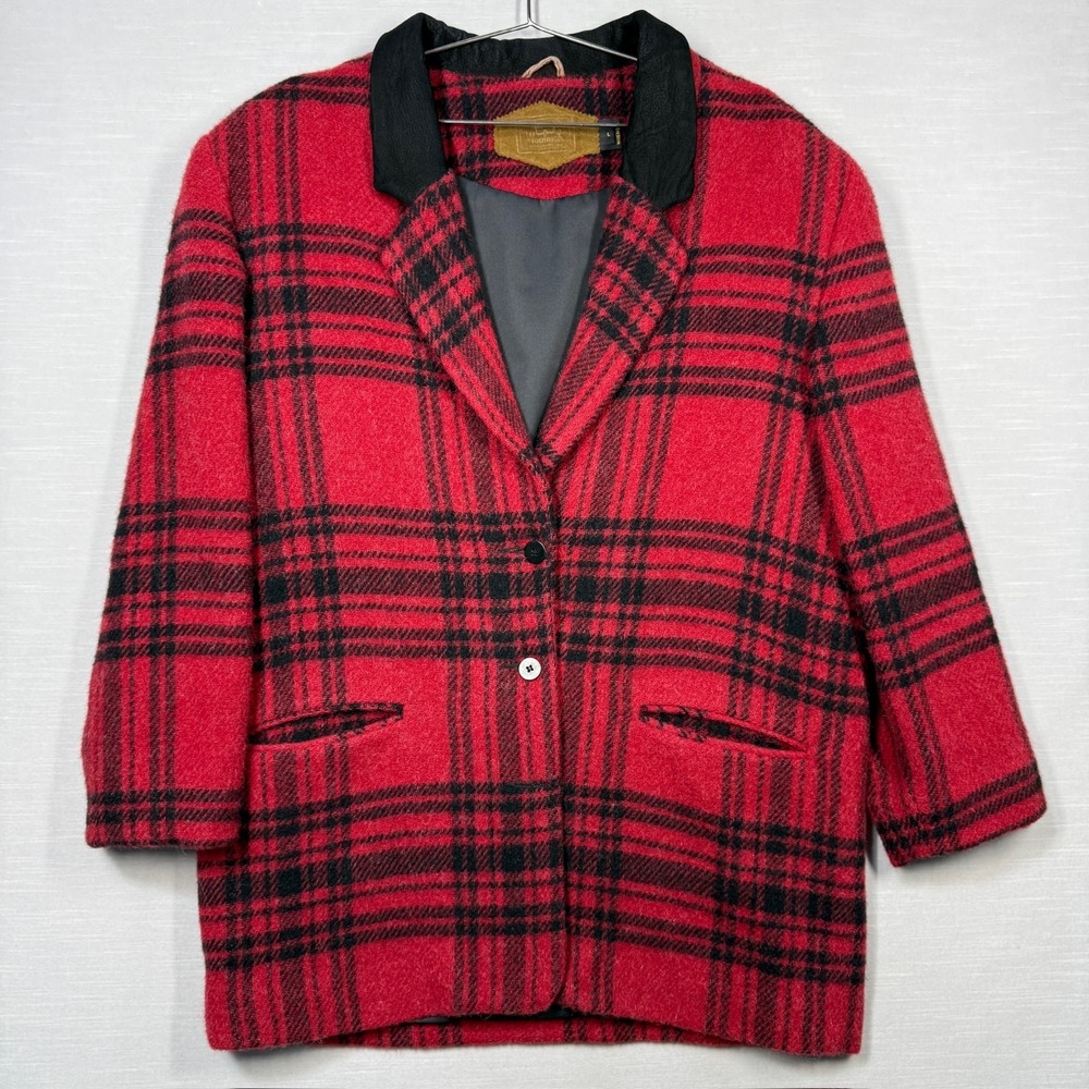 Vintage Woolrich Women L Red Black Plaid Wool‎ Mohair Blend Blazer Coat USA